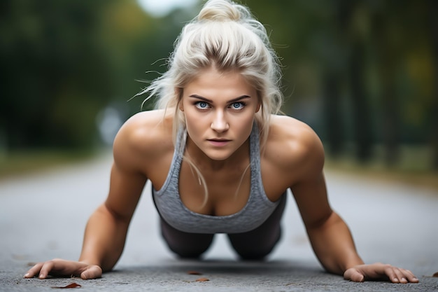 Blonde woman doing fitness exercises in nature