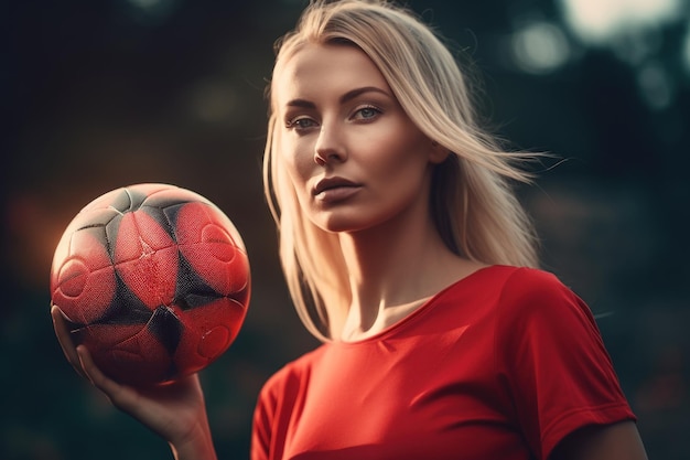 Foto una calciatrice bionda con una palla da calcio rossa generata dall'ia