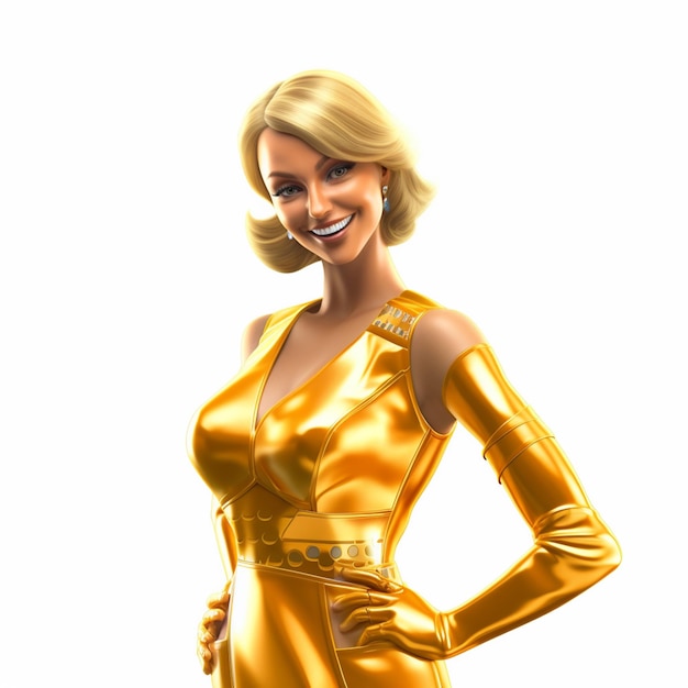 A blonde woman in a gold super hero costume