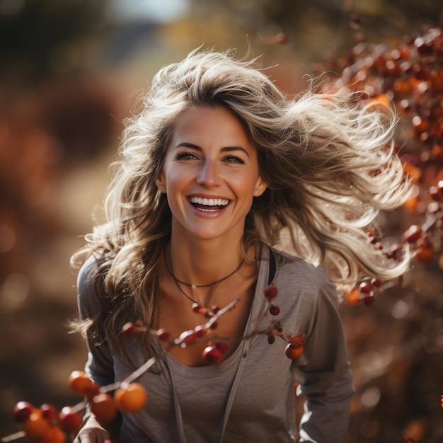 Blonde woman in gray shirt smiling in a field of red berries