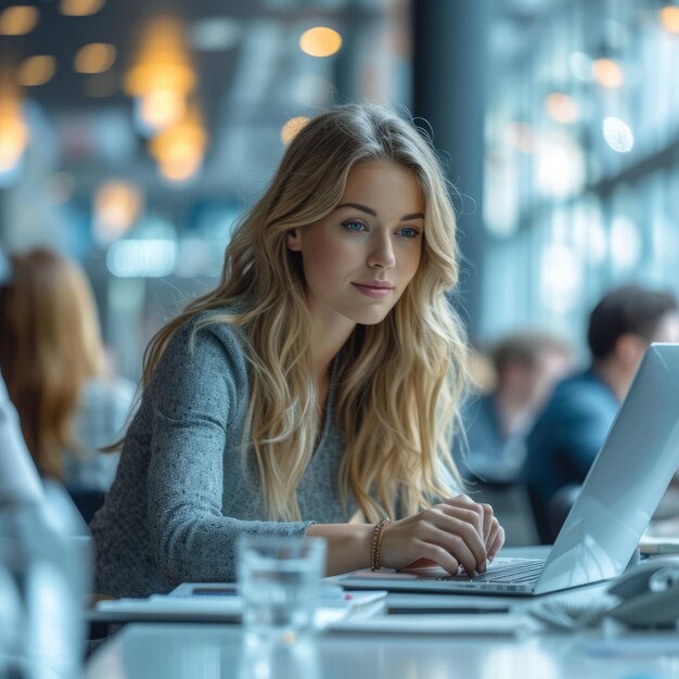 Blonde woman in grey suit jacket using laptop in cafe