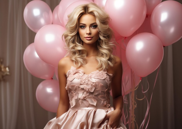 blonde woman holding number eight balloon with balloons and a bouquet around it