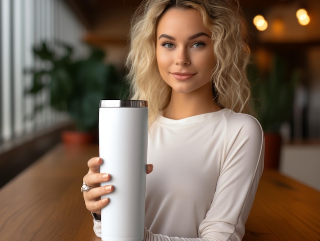 Blonde woman holding a white tumbler