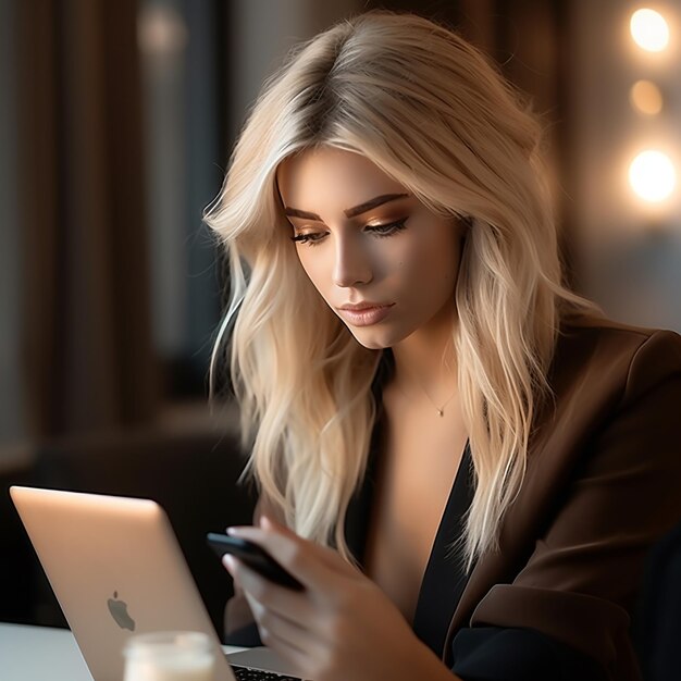 a blonde woman is looking at her phone and she is looking at her phone