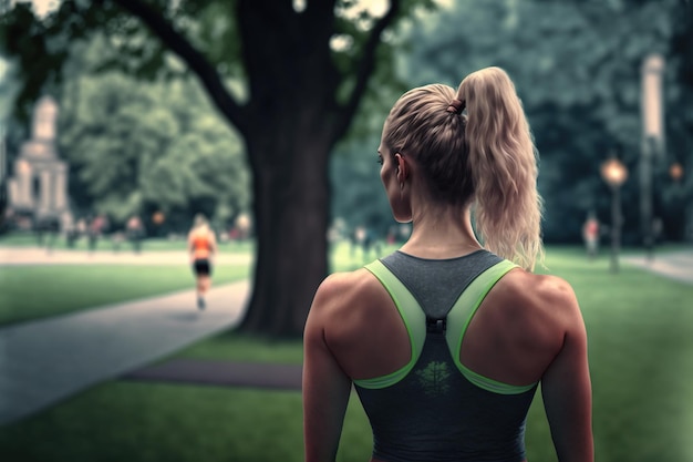 Blonde woman jogging in the park Generative AI