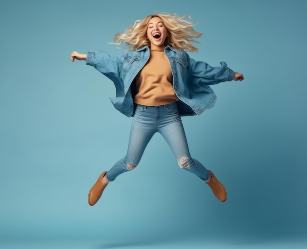 Blonde woman jumping