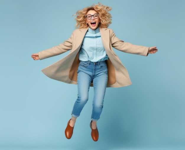 Blonde woman jumping