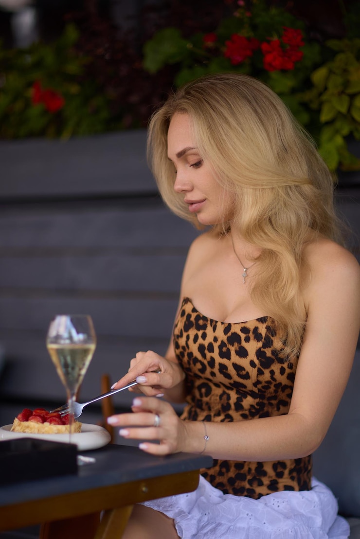 Photo a blonde woman in a leopard print top is sitting at an outdoor cafe with a stylish city backdrop