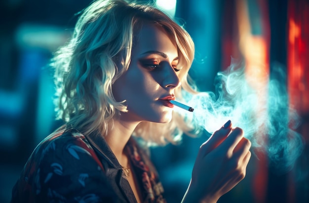 Photo blonde woman lights a cigarette female smoker in vibrant azure lightning generate ai