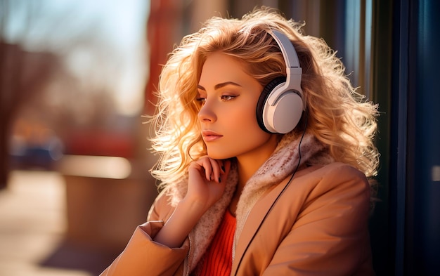 Blonde woman listening to music with headphones on the street