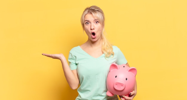 Blonde woman looking surprised and shocked