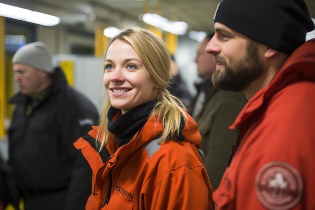 Blonde Woman in Orange Snow Jacket at Cold Workplace with Colleagues