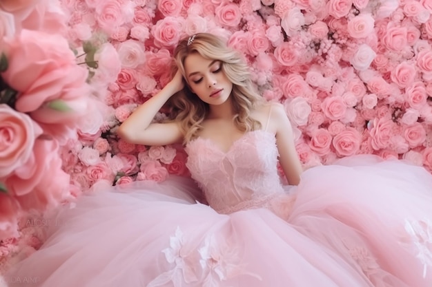 A blonde woman in a pink dress lies in a bed of pink flowers.