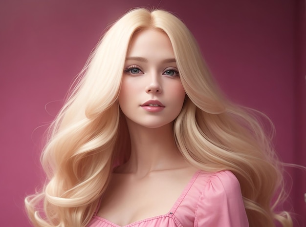 A blonde woman in a pink dress with long blonde hair