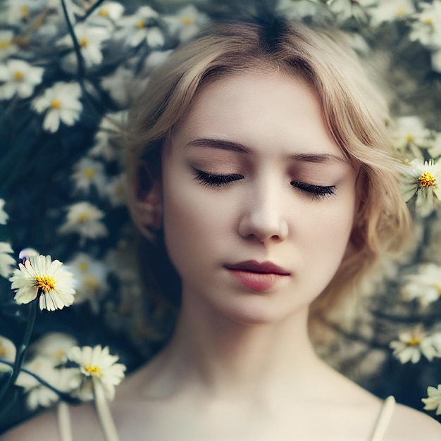 Blonde woman portrait with closed eyes and flowers in background 3d rendering