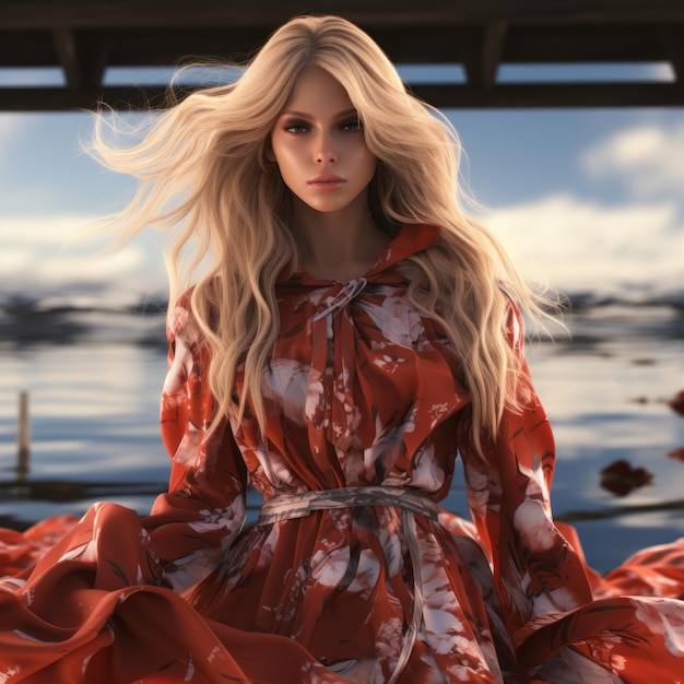 a blonde woman in a red dress sitting on a dock