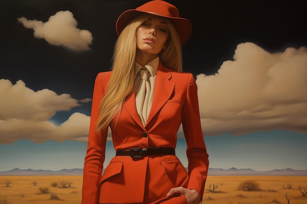 A blonde woman in a red suit on a desert background AI generated