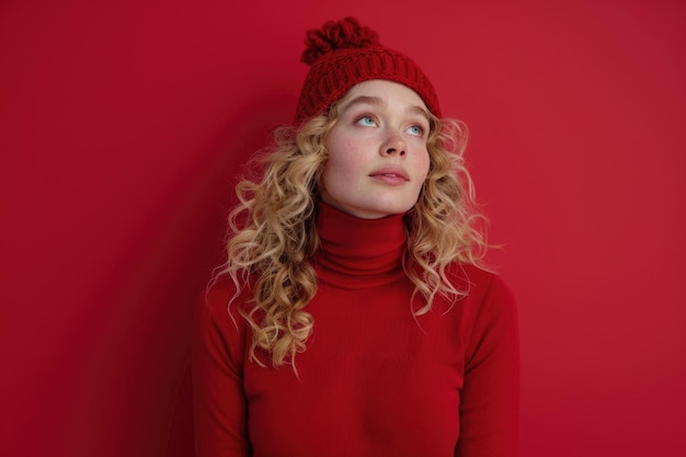 Блондинка в красном зимнем наряде на красном фоне