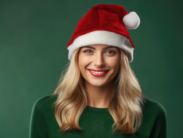 Blonde woman in santa hat and green sweater on green background