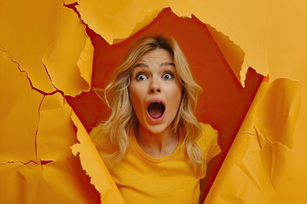 Blonde woman shocked by sale looking through ripped paper