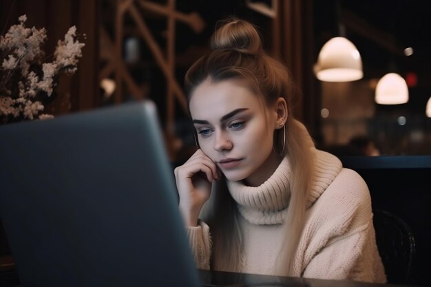 La donna bionda si siede in un caffè e guarda lo schermo di un laptop lavoro a distanza