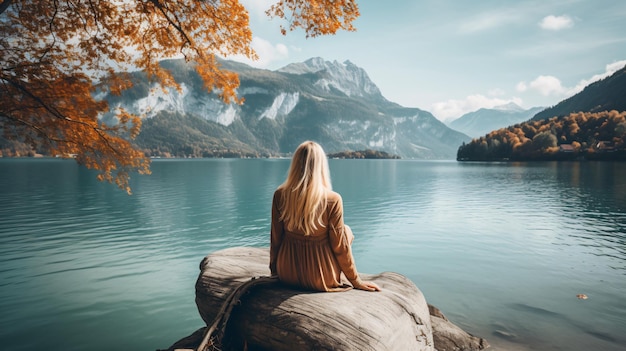 Фото Блондинка сидит перед ландшафтом швейцарского озера