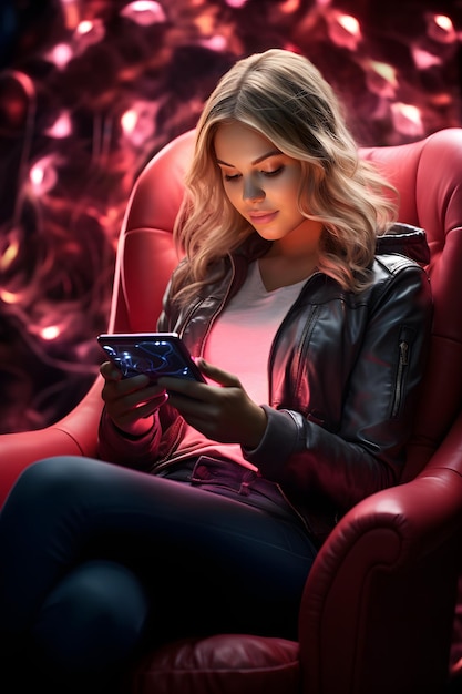 Foto donna bionda seduta su una sedia rossa che guarda il suo cellulare ai generativa