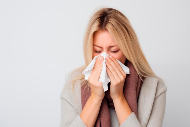 A blonde woman sneezing into a tissue her face expressing discomfort from cold or allergy symptoms