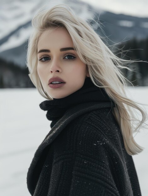 blonde woman on a snow mountain