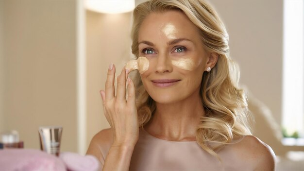 Blonde woman using cosmetic cream