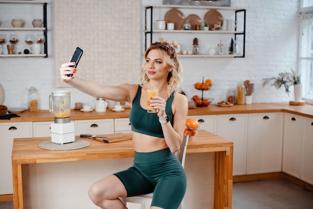 Blonde woman using mobile for filming video about healthy eating