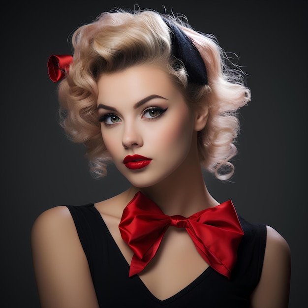 Premium photo blonde woman wearing red bow
