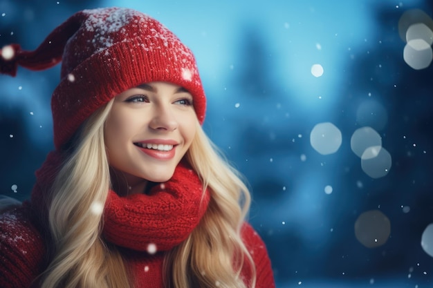 빨간 크리스마스 모자 코트를 입은 금발의 여자는 파란색 배경의 눈이 내리는 복사 공간에 대해 행복하게 웃고 있습니다