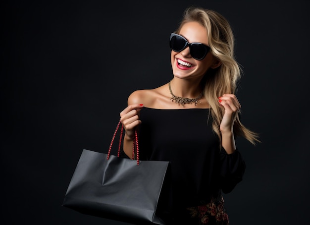 a blonde woman wearing sunglasses and a black bag with a red strap