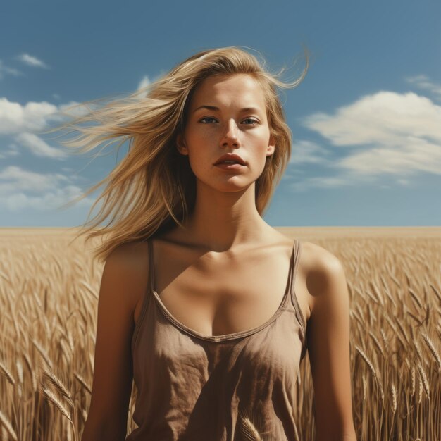 Blonde Woman In A Wheat Field Hyperrealist Portrait With Youthful Energy