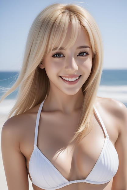 Photo a blonde woman in a white bikini is posing on the beach