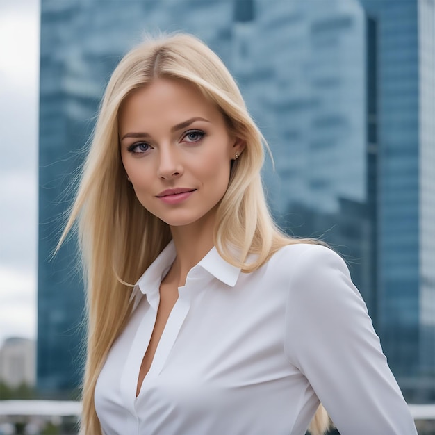 a blonde woman in a white shirt is standing in front of a tall building