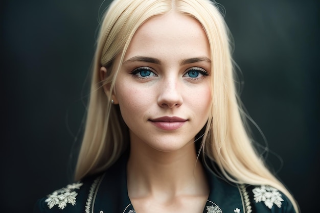 Photo a blonde woman with blue eyes and a black jacket