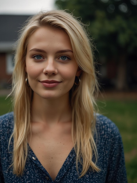 a blonde woman with a blue eyes and a blue shirt with a tree behind her