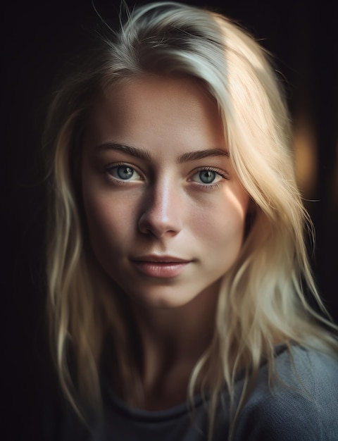 A blonde woman with blue eyes and a light on her face.