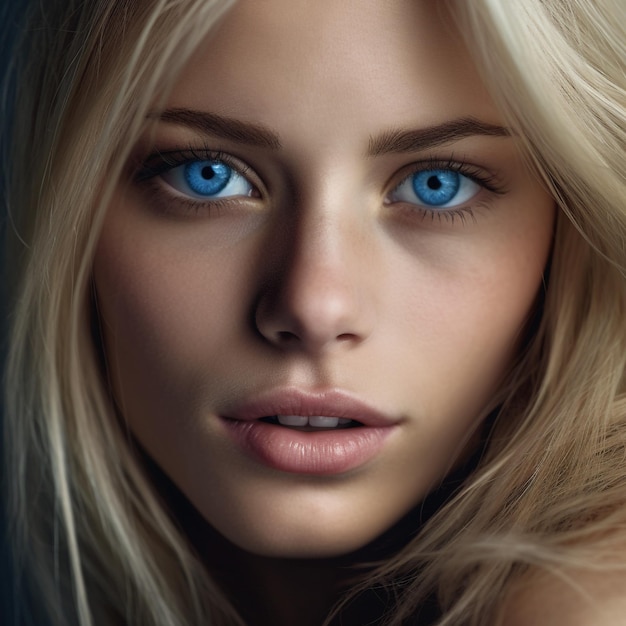 A blonde woman with blue eyes looks at the camera.