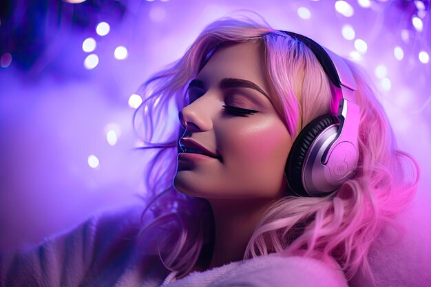 Blonde woman with closed eyes in music headphones at a new years party in neon lilac light