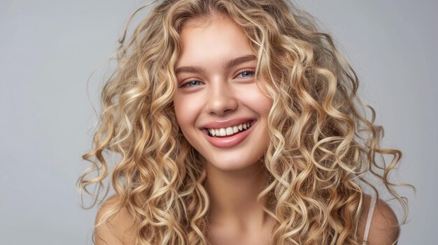 Blonde woman with curly beautiful hair smiling on gray background