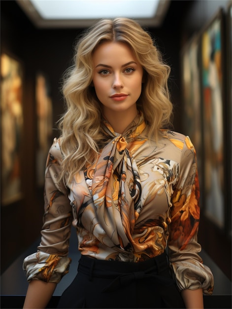 Blonde woman with a floral shirt