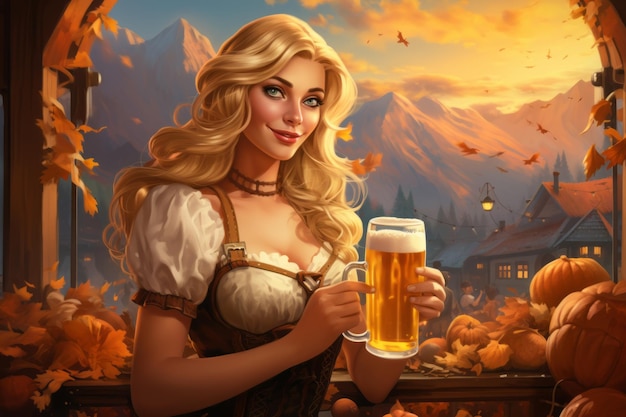 Blonde woman with glasses of beer Beautiful illustration picture Generative AI