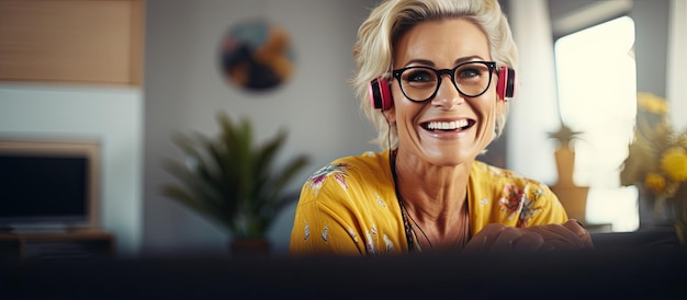 Foto la donna bionda con gli occhiali si diverte a giocare ai videogiochi a casa e festeggia la vittoria con un sorriso