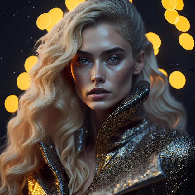 Blonde woman with golden jacket in the night beach