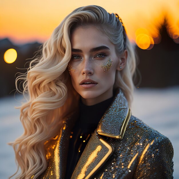 Blonde woman with golden jacket in the night beach