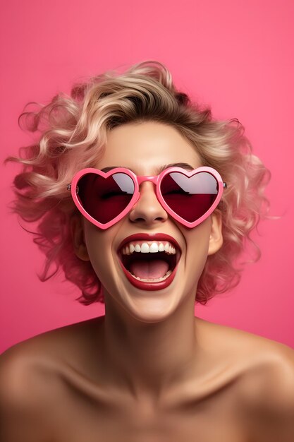 핑크색 배경 에 심장 안경 을 쓴 금발 여자