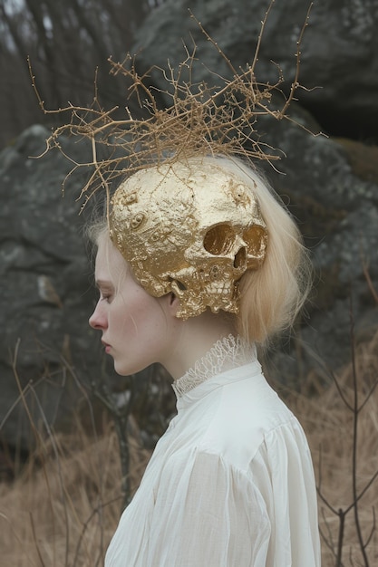 a blonde woman with a large gold skull